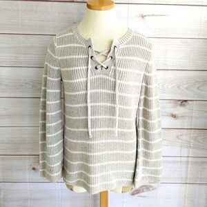 Old Navy Cotton Knit Lace Up Sweater With Side Split Beige and White Size Med